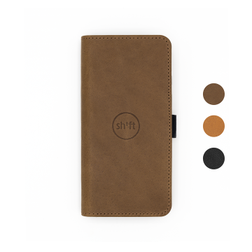 Schutzhülle Olivenleder Farbe coffee für SHIFTphone 8 (Vorderseite mit SHIFT-Logo) + Farbpunkte zur Anzeige der verschiedenen Farbvarianten